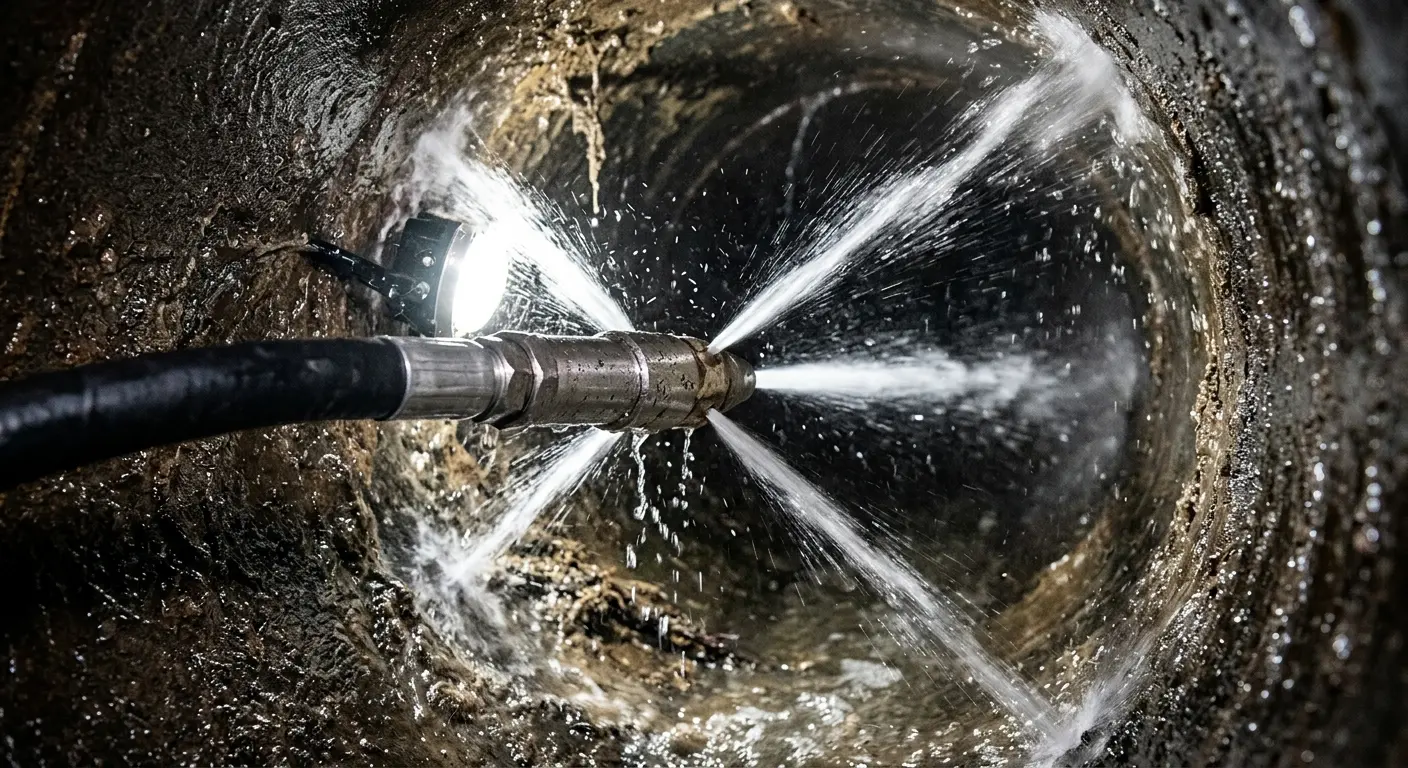 High-pressure hydro jetting nozzle cleaning sewer pipe for Trenchless Sewer Repair in New Albany