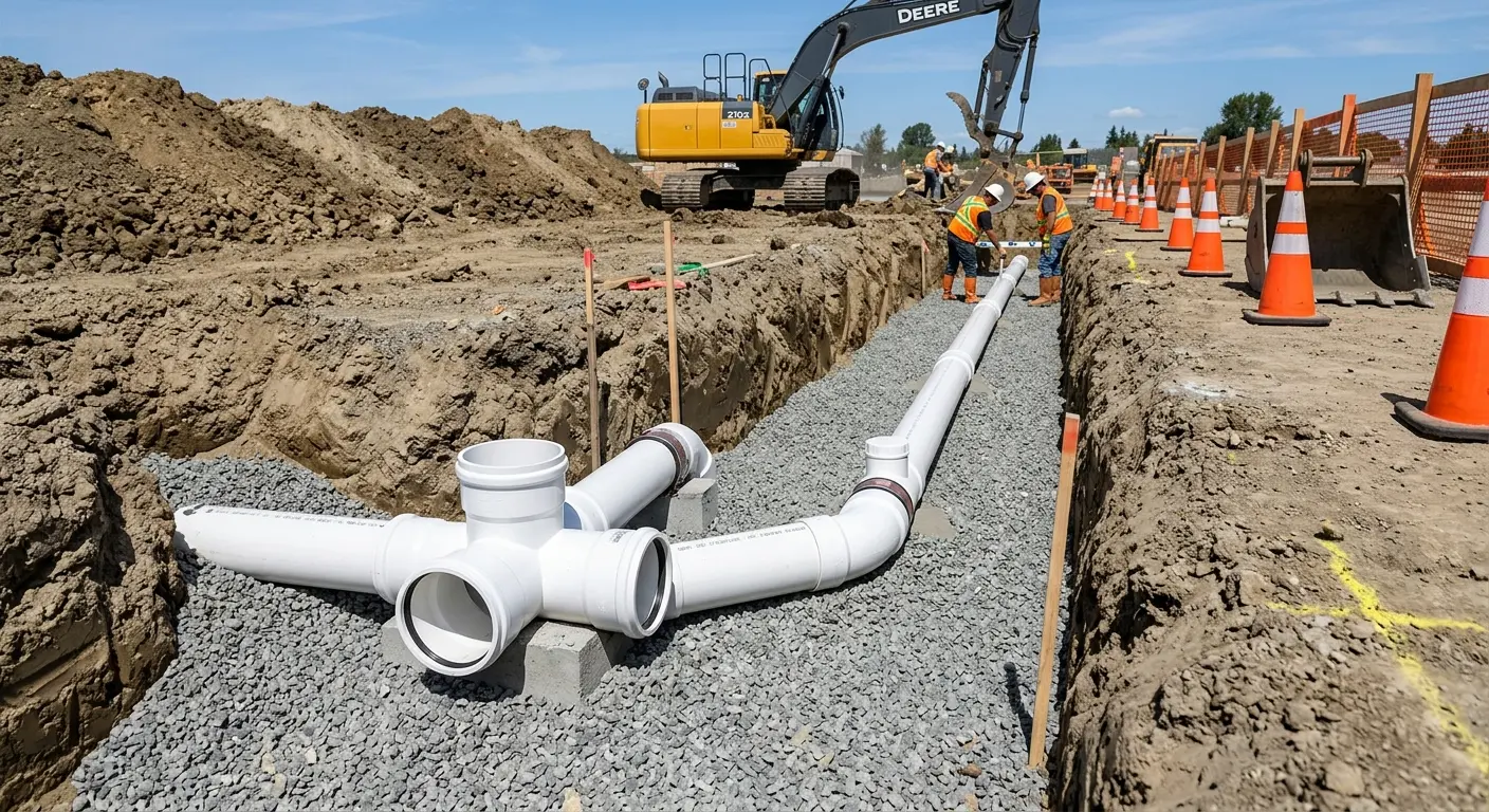 New PVC sewer pipe installation in open trench for Commercial Drain Cleaning in New Albany