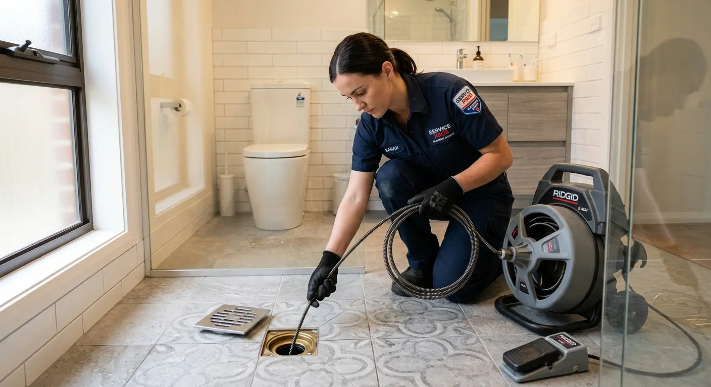 Technician clearing a bathroom floor drain for Drain Cleaning in New Albany